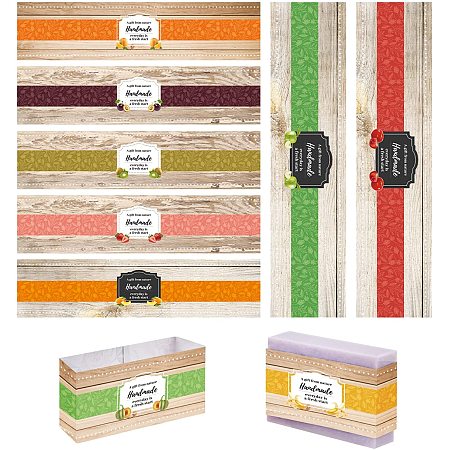 PandaHall Elite 9 Styles Handmade Packaging Labels, 90pcs Wood Pattern Wrapper Sleeves Covers Vertical Tags Band Label No-Adhesive Paper Tape for Handmade Soap Lotion Bars Bath Gift Wrapping 8.5x1.9inch