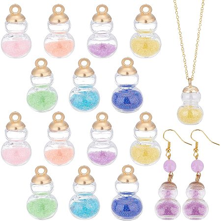 PandaHall Elite 28pcs Glass Bottles Charms, Gourd Wish Glass Ball Bottles with Colored Sands Mini Clear Ornaments Hanging Fillable Vial Charm for Earrings Jewelry Making, 17x28mm Hole: 2.8mm