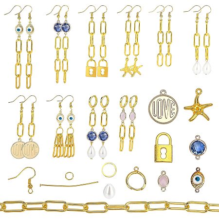 SUNNYCLUE 1 Box DIY Make 10 Pairs Paperclip Chains Earring Making Kits Evil Eye Links Pearl Brass Findings with Jump Rings for Adults DIY Earring Jewellery Making