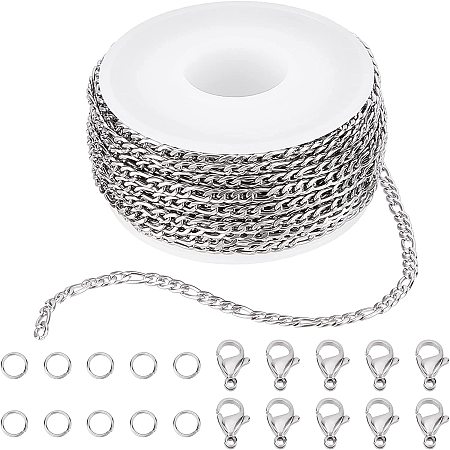 SUNNYCLUE DIY 10M 32.8 Feet 3MM Silver Chain Roll Figaro Chains Silver Plated Necklace Stainless Steel Cable Long Craft Link Chain Bulk for Jewelry Making Kits Necklaces Bracelets Crafting Supplies