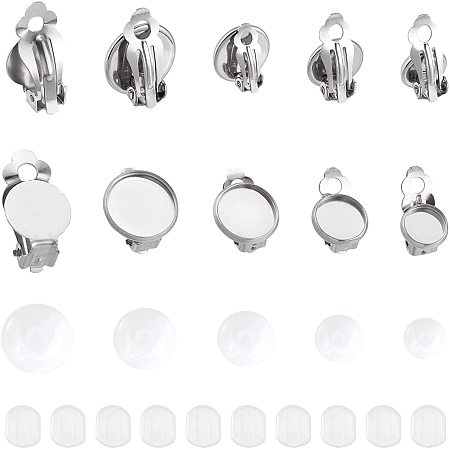 UNICRAFTALE 50 Sets 5 Sizes Clip-on Earring Bezels with Cabochons Stainless Steel Earring Flat Tray Leverback Earring for Non-Pierced Ears DIY Earrrings Stainless Steel Color