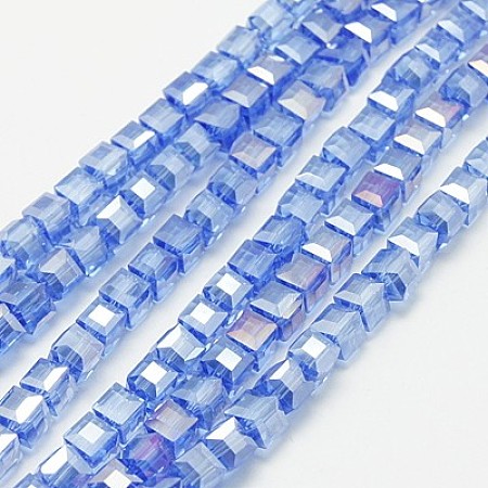 Honeyhandy Electroplate Glass Beads Strands, AB Color Plated, Faceted, Cube, Cornflower Blue, 3x3x3mm, Hole: 1mm