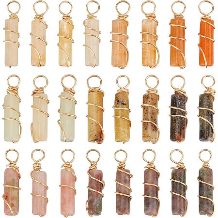 FINGERINSPIRE 24 Pcs 3 Styles Natural Stone Pendants Real 18K Gold Plated Wire Wrapped Pendants Jade & Plum Blossom Jade Column Pendant Without Chain Healing Stones Pendant for Jewelry Making