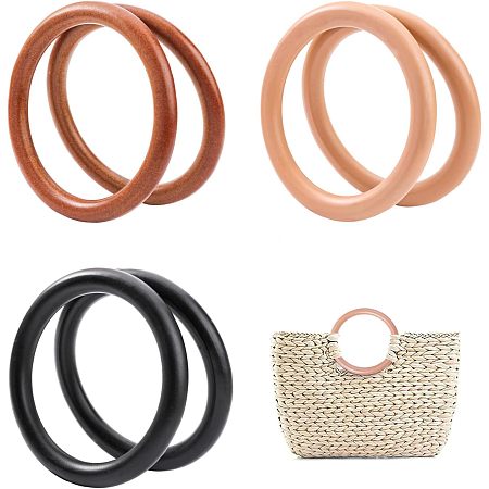 SUPERFINDINGS 6Pcs 3 Colors Wooden Round Purse Handle 3.2 inch Round Ring Handbag Purse Handles Replacement Decorative Handbag Handle for Macrame Bag Straw Bag Crocheted Purse Making
