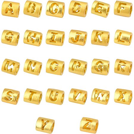 PandaHall Elite 26pcs Hollow Letter Spacer Beads, 6.5x5mm Golden Barrel Loose Beads 3.5mm Large Hole Alloy Craft Beads A-Z Alphabet Beads for Friendship Bracelet Necklace Anklet DIY Jewelry Making