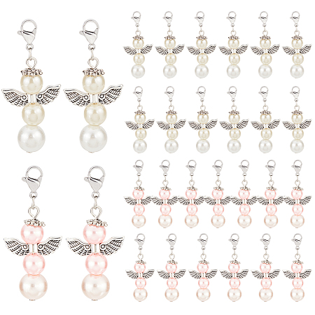 PandaHall Elite 40Pcs 2 Colors Alloy Pendants, with Brass Lobster Claw Clasps and Glass Pearl, Angel, Antique Silver, Mixed Color, 47mm, 20pcs/color