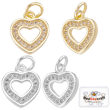 Beebeecraft 1 Box 12Pcs 2 Colors Cubic Zirconia Heart Charms 18K Gold Plated & Platinum Plated Jewellery Making Findings with Jump Ring for DIY Necklace Choker Earrings