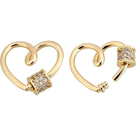 BENECREAT 8Pcs 18K Gold Plated Heart Micro Pave Clear Cubic Zirconia Heart Screw Link Lock Charms for Necklaces Making