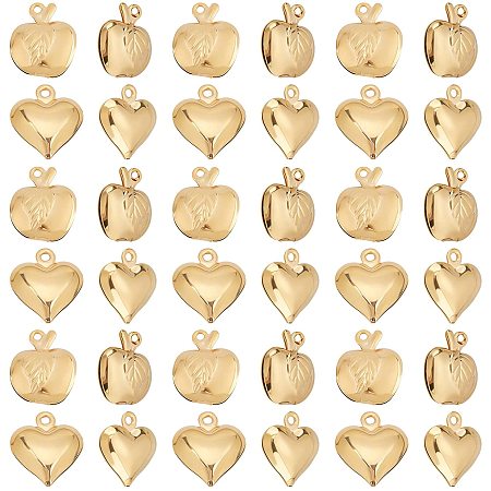 UNICRAFTALE 36Pcs Golden Apple with Leaf and Puffed Heart Mixed Shapes Charms 304 Stainless Steel Pendants 1/1.2mm Small Hole Charms for Women Girls Earrings Necklaces Bracelets Jewelry Making