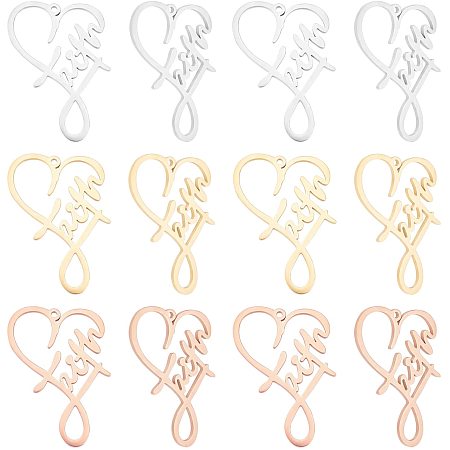 UNICRAFTALE 12pcs 3 Colors Heart with Word Faith Pendants Love Hollow Charm Metal Stainless Steel Pendants for Jewelry Making 1.8mm Hole