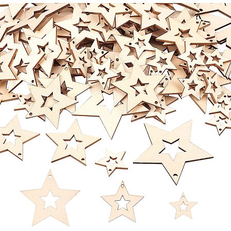 OLYCRAFT 200pcs Star Wood Pendant Hollow Natural Wood Pendants Wood Star Hanging Charms Pendant for Earring Necklace Jewelry DIY Craft Making Tree Ornaments Hanging Ornament Decorations