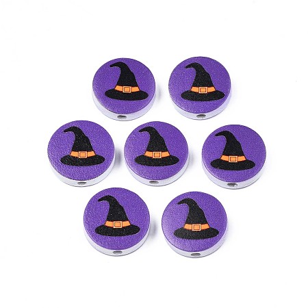 Halloween Printed Natural Wood Beads, Flat Round with Witch Hat Pattern, Indigo, 19~20x5.9mm, Hole: 2~2.2mm