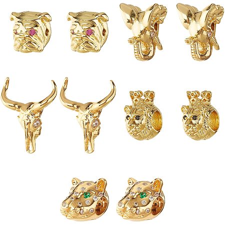 NBEADS 10 Pcs Animal Head Spacer Beads, Lion Leopard Elephant Bulldog Head Shape Beads Brass Micro Pave Cubic Zirconia Beads for Necklace Bracelets DIY Jewelry Making, Golden