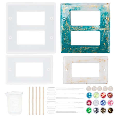 Olycraft Rectangle Socket Panel Silicone Mould, Resin Casting Molds, For UV Resin, Epoxy Resin Craft Making, with Birch Wooden Sticks, Plastic Pipettes & Measuring Cup, Nail Art Sequins, Clear, 121x119x7mm, Hole: 4mm, Inner Diameter: 69x30mm