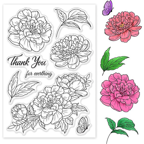 GLOBLELAND 1Sheet Peony Flowers Silicone Clear Stamp Butterflies and ...