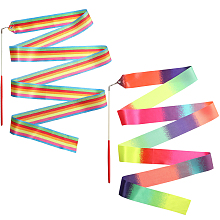 CREATCABIN 2Pcs Polycotton Dance Ribbons Rainbow Gymnastic Ribbon Streamers 2 Style Mixed Color Rhythmic Twirling Ribbons with Wand for Talent Shows Artistic Dancing Carnival Baton Stick 96~89Inch