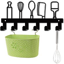 GORGECRAFT Kitchen Utensil Hook Rack Wall Mounted Mug Hooks Black Holder Cast Iron Hanger Decorative with 6 Hooks for Lid, Dish Towels, Spatula, Pot and Pan, Coffee Mug or Cup, Grater