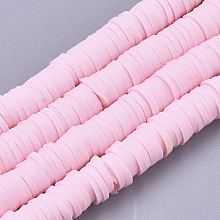 Honeyhandy Handmade Polymer Clay Beads Strands, for DIY Jewelry Crafts Supplies, Heishi Beads, Disc/Flat Round, Pearl Pink, 6x0.5~1mm, Hole: 1.8mm, about 290~320pcs/strand, 15.75 inch~16.14 inch(40~41cm)