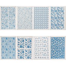 BENECREAT 8 Styles Ceramic Decals Blue and White Porcelain Ceramics Clay Transfer Paper, Pottery Underglaze Flower Paper for Pottery Enamel Decal, 15x21"