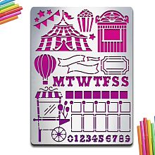 MAYJOYDIY Circus Metal Stencil Circus Carnival Metal Journal Stencil 0-9 Numbers Hot Air Balloon MTWTESS Letters Stainless Steel Template 5.5×7.5inch for Engraving Painting Scrapbooking