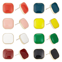 ANATTASOUL 8 Pairs 8 Colors Alloy Enamel Square Stud Earrings with 925 Sterling Silver Pins, Mixed Color, 12x12mm, 1 pair/color