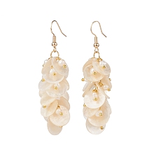 Honeyhandy Natural Capiz Shell Cluster Earrings, with Natural Pearl Beads and Brass Earring Hooks, Flat Round, Golden, Seashell Color, 66x16mm, Pin: 0.7mm