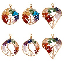 Honeyhandy 6Pcs 3 Styles Natural Gmestone Copper Wire Big Pendants, Natural Amethyst & Green Aventurine & Citrine & Lapis Lazuli & Red Jasper & Red Aventurine & Quartz Crystal, Heart & Flat Round with Tree, Light Gold, 53.5~55x42~46.5x8~9.5mm, Hole: 5.5~6.5mm, 2pcs/style