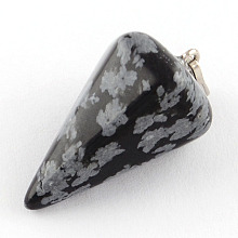 Honeyhandy Natural Snowflake Obsidian Stone Pendants with Platinum Plated Iron Findings, Cone Pendulum, 25~27x14x14mm, Hole: 6x3mm