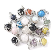 Honeyhandy Mixed Natural Gemstone Pendants, with Platinum Plated Brass Findings, Dragon with Round Beads, 31x18mm, Hole: 4mm