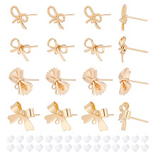 ARRICRAFT 16Pcs 4 Styles Brass Stud Earring Findings, with Loop, Bowknot, with 30Pcs Plastic Ear Nuts, Golden, 8~14x9~16mm, Hole: 0.7~1.2mm, 4Pcs/style