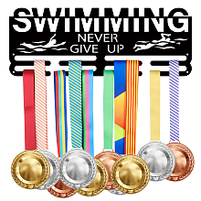 SUPERDANT Medal Holder Swimming Medals Display Motivating Word NEVER GIVE UP Black Iron Wall Mounted Hooks for Competition Medal Holder Display Wall Hanging 40x15cm