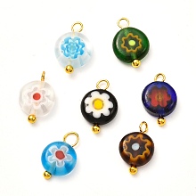 Honeyhandy Lampwork Pendants, with Handmade Millefiori Glass Charms and Brass Pins, Flat Round with Flower Pattern, Mixed Color, 12x8x3mm, Hole: 1.2mm