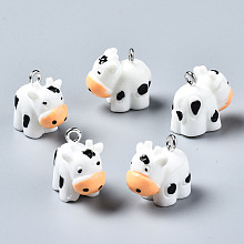 Honeyhandy Opaque Resin Pendants, with Platinum Tone Iron Loop, 3D Calf, White, 15~16x17~18x10.5mm, Hole: 1.8mm