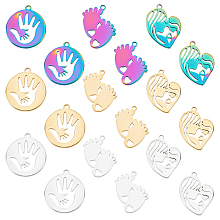 DICOSMETIC 18Pcs 3 Styles Palm and Footprints Charms Stainless Steel Flat Round with Footprint Charms Heart Pendant Necklace Gold and Rainbow Color Family Theme Pendant for DIY Jewelry Remembrance