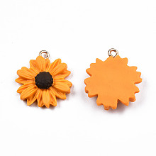 Honeyhandy Handmade Polymer Clay Pendants, with Light Gold Plated Iron Loop, Sunflower, Orange, 22.5~24x20~20.5x5~5.5mm, Hole: 2mm