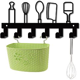 GORGECRAFT Kitchen Utensil Hook Rack Wall Mounted Mug Hooks Black Holder Cast Iron Hanger Decorative with 6 Hooks for Lid, Dish Towels, Spatula, Pot and Pan, Coffee Mug or Cup, Grater