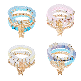 FIBLOOM 4 Sets 4 Style Glass Beaded Stretch Bracelets Set, Alloy Butterfly Charms Stackable Bracelets, Mixed Color, Inner Diameter: 1-7/8~2 inch(4.65~5.05cm), 4pcs/set, 1set/style