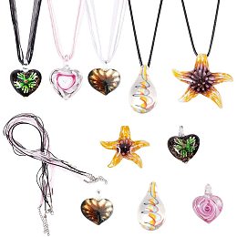 SUNNYCLUE 1 Set 5pcs Colorful Assorted Murano Lampwork Glass Pendant Necklace, 18"&19" Organza Ribbon Waxed Cord Necklace Clasp DIY Make 5 Dolphin Heart Starfish Lampwork Necklace Valentine's Day Gift