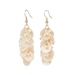 Honeyhandy Natural Capiz Shell Cluster Earrings, with Natural Pearl Beads and Brass Earring Hooks, Flat Round, Golden, Seashell Color, 66x16mm, Pin: 0.7mm