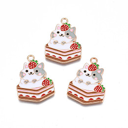 Honeyhandy Alloy Enamel Pendants, Cadmium Free & Lead Free, Cat with Strawberry, Pink, 30x21.5x1mm, Hole: 2mm