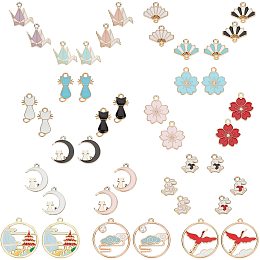 SUNNYCLUE 1 Box 42Pcs 21 Styles Assorted Colorful Enamel Alloy Pendant Charms Golden Plated Fan Sakura Flower Cat Flat Round Japanese Style Pendants for Jewelry Making Crafts Supplies