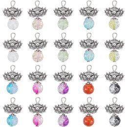 Arricraft 30 Pcs 10 Colors Glass Beads Dangle Charms, Crackle Glass Charm Pendant Round Dangle Beads Lotus Charms Pendants for DIY Craft Jewelry Supplies, Antique Silver