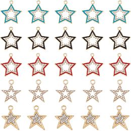 SUPERFINDINGS 50Pcs 5 Styles Star Hollow Rhinestone Pendants Alloy Pentagram Dangle Charms Mixed Color Blue Red Black Pendants Charms Light Gold Five-Pointed Hollow Jewelry Making Findings Supplies