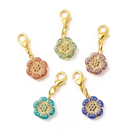 Honeyhandy Plating Acrylic Pendant Decorations, Metal Enlaced, with Alloy Lobster Claw Clasps, Flower, Mixed Color, 30mm, Flower: 16x13x4mm