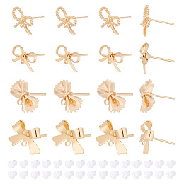 ARRICRAFT 16Pcs 4 Styles Brass Stud Earring Findings, with Loop, Bowknot, with 30Pcs Plastic Ear Nuts, Golden, 8~14x9~16mm, Hole: 0.7~1.2mm, 4Pcs/style