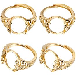 Beebeecraft 1 Box 4Pcs Blank Ring Base 24K Gold Plated Flower Flat Round Pad Adjustable Prong Ring Setting with Oval Tray for DIY Jewelry Ring Making