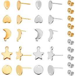 PandaHall Elite Tray Base Ear Post, 40 Sets(20 Pairs) 2 Colors 10 Styles Flat Round/Heart/Teardrop/Moon 304 Stainless Steel Blank Post Earring Studs Pins Ear Studs for DIY Earring Jewelry Making