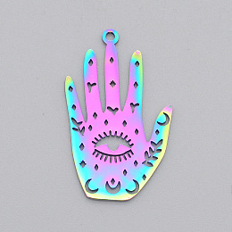 Honeyhandy Ion Plating(IP) 201 Stainless Steel Pendants, Laser Cut, Palm with Eye, Rainbow Color, 30x18x1mm, Hole: 1.6mm