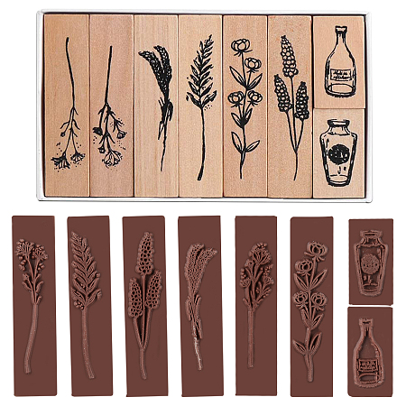 GORGECRAFT Plants and Flowers Style Wooden Rubber Stamps, for DIY Craft Card Scrapbooking Supplies, BurlyWood, 65.5x14.5x25.5mm and 32.5x17x25.5mm; 8pcs/set