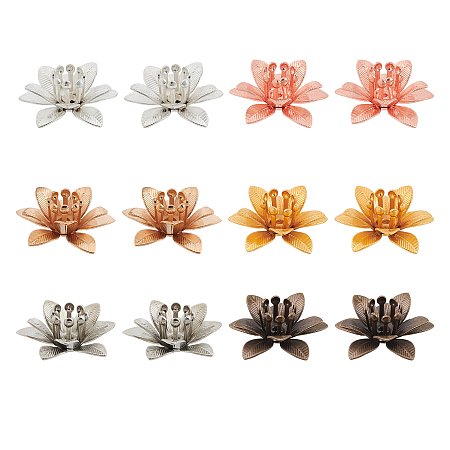 3D Brass Bead Caps, Flower, Multi-Petal, Mixed Color, Tray: 5mm, 16x6.5mm, Hole: 0.8mm, 6colors, 10pcs/color, 60pcs/box